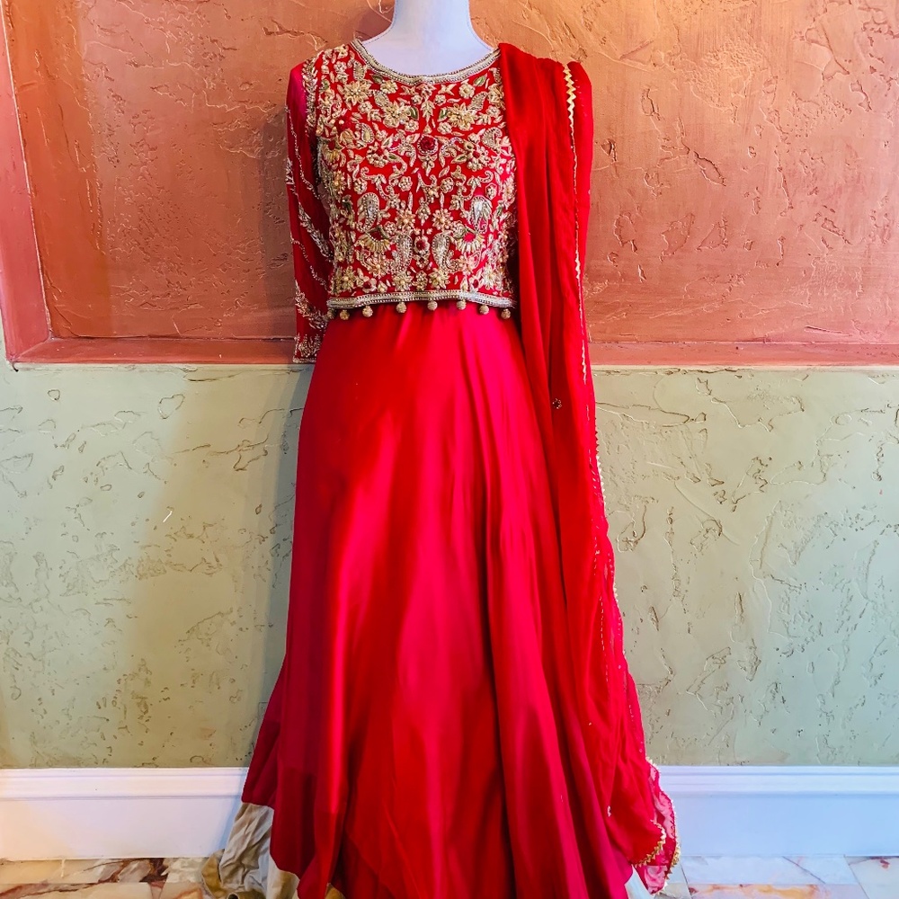 Red Embellished choli with lehnga